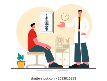 Ilustração Vetorial de Quiroprático de um Paciente Submetido a Reabilitação de Fisioterapia com um Especialista em Osteopatia e Recebendo Tratamento Natural