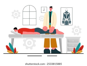 Ilustración vectorial quiropráctica de un paciente sometido a fisioterapia Rehabilitación con un especialista en osteopatía y que recibe tratamiento natural