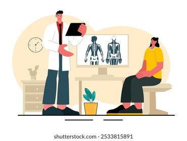 Ilustração Vetorial de Quiroprático de um Paciente Submetido a Reabilitação de Fisioterapia com um Especialista em Osteopatia e Recebendo Tratamento Natural
