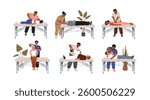 Chiropractors and patients set. Manual therapy, orthopaedic treatment, physiotherapy. Osteopath, physiotherapist, bonesetter, bone therapist. Flat vector illustration isolated on white background