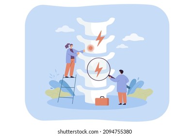 Chiropractors treating chronic back pain after spinal injury. Tiny persons making diagnosis flat vector illustration. Osteopathy, health, anatomy, treatment concept for banner or landing web page