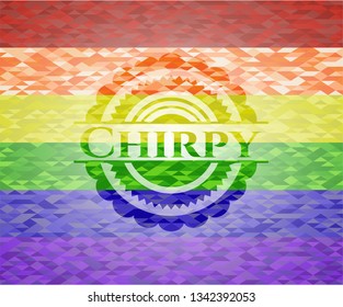 Chirpy emblem on mosaic background with the colors of the LGBT flag
