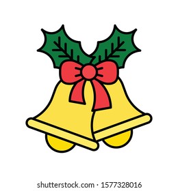 chirstmas bell, ribbon and holly leaves vector in filled style 