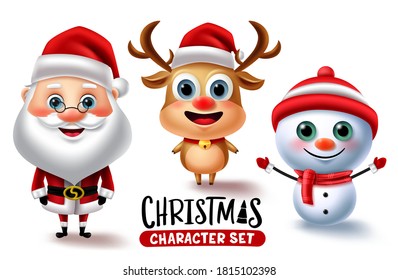 Chirstmas character vector set. Christmas characters like santa claus, reindeer and snow man isolated in white background for xmas 3d realistic collection design. Vector illustration 