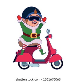 chirstmas elf riding a motorcycle icon over white background, vector illustration