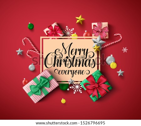 Chirstmas greeting vector template. Merry christmas everyone greeting text in orange empty frame with colorful elements of xmas decor like gift, candy cane, and ball in red background.  ストックフォト © 