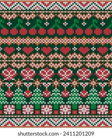 Chirstmas Knitting Pattern Vector, Big Gift Boxes on ground Tree with snow Red Hearts of Love and holly berries on top.