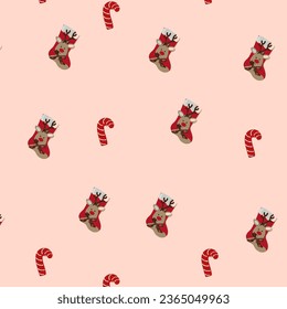 chirstmas seamless pattern, veector10, Seamless Christmas Pattern With Gingerbread Man, Santa Claus, Christmas Tree, And Candy Cane On Dark Green Background. Cute Cartoon Illustration