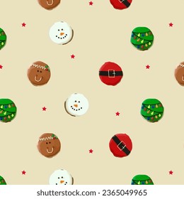 chirstmas seamless pattern, veector10, Gingerbread cookies pattern. Christmas cookies print. Many types christmas sweets. Happy New Year delicious pattern. Gingerbread house, gingerbread man cookies 