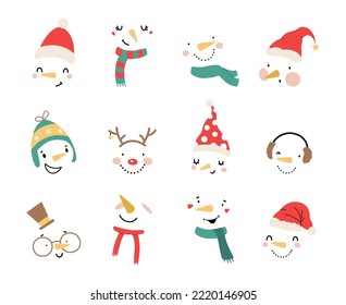 Chirstmas set of snowman faces with winter accessories