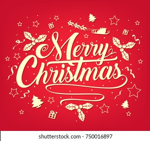 Chirstmas Simple Typography Greeting Poster on Red Background with Stars, Trees, Gifts and Santa Claus for Christmas Holiday Season. Vector Illustration
