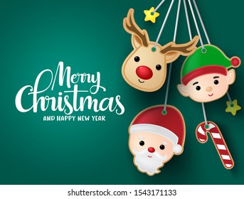  Chirtsmas hanging elements vector background template. Merry christmas greeting text in empty space for messages with reindeer, elf, santa claus, candy cane and stars hang elements in green.