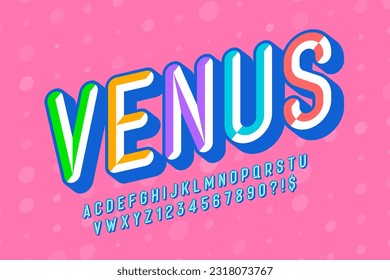 Chisel 3d comical design, colorful alphabet, typeface. Color swatches control. 13 degree skew