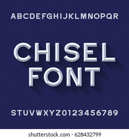 Chisel Alphabet Vector Font. Type letters and numbers. Blue wave background. Chiseled block typeface for your design.