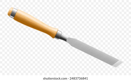 Chisel, carpentry hand tools for woodworking and wood carving. Stand for working with wood. Chisel with wooden handle isolated on transparent background. Realistic 3d Vector illustration.