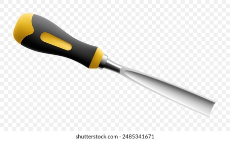 Chisel, carpentry hand tools for woodworking and wood carving. Stand for working with wood. Chisel with wooden handle isolated on transparent background. Realistic 3d Vector illustration.