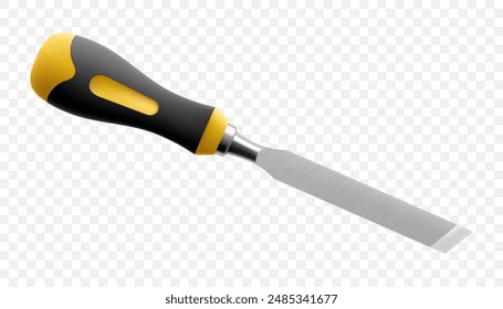 Chisel, carpentry hand tools for woodworking and wood carving. Stand for working with wood. Chisel with wooden handle isolated on transparent background. Realistic 3d Vector illustration.
