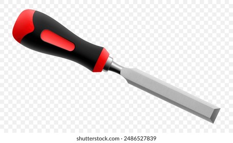 Chisel, carpentry hand tools for woodworking and wood carving. Stand for working with wood. Chisel with wooden handle isolated on transparent background. Realistic 3d Vector illustration.