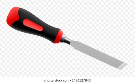 Chisel, carpentry hand tools for woodworking and wood carving. Stand for working with wood. Chisel with wooden handle isolated on transparent background. Realistic 3d Vector illustration.