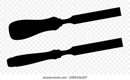 Chisel, carpentry hand tools for woodworking and wood carving. Stand for working with wood. Chisel isolated on transparent background. Black silhouette icon, vector illustration.