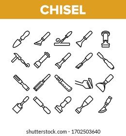 Chisel Carpentry Tool Collection Icons Set Vector. Sharp Steel Chisel With Hammer, Carpenter Instrument, Workshop Equipment Concept Linear Pictograms. Monochrome Contour Illustrations