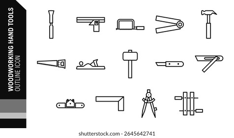 chisel, combination square, coping saw, folding ruler, hammer, hand saw, jack plane, mallet, marking knife, sliding bevel square, try square, wing divider, wood clamps black outline icon set