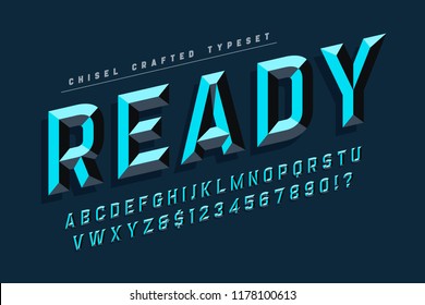Chisel crafted display font with facets, alphabet, letters and numbers. Swatch color control