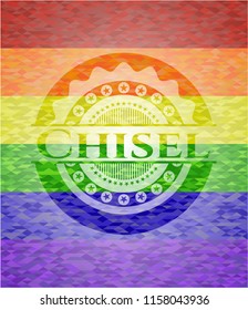 Chisel emblem on mosaic background with the colors of the LGBT flag