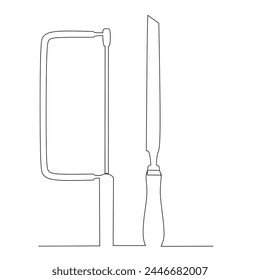 chisel and hack saw tool set illustration. Small carpentry work in the workshop and Home renovation concept design element. Continuous line drawing vector.