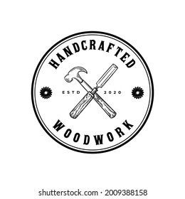 Chisel And Hammer Crossed Round Stamp Drawing Vintage Logo Vector Illustration Template Icon Design