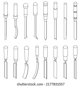 Chisel icons set. Isometric set of chisel vector icons thin line outline on white isolated