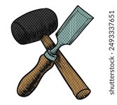 Chisel and mallet icon halftone color vector illustration