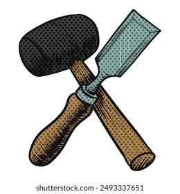 Chisel and mallet icon halftone color vector illustration