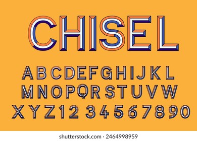 Chisel retro style alphabet design with uppercase, number and symbols