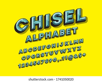 chisel style alphabet design with uppercase, numbers and symbols