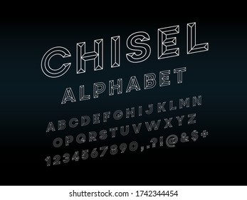 Schriftbild im Chiselstil mit Großbuchstaben, Zahlen und Symbolen