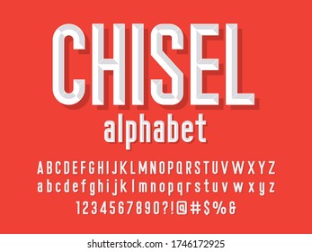 Chisel style alphabet design with uppercase, lowercase, number and symbols