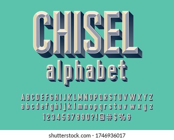 Chisel style alphabet design with uppercase, lowercase, number and symbols