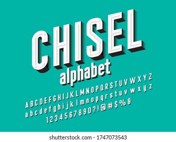 Chisel style alphabet design with uppercase, lowercase, number and symbols