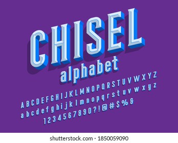 Diseño del alfabeto de estilo chisel con mayúsculas, minúsculas, número y símbolos