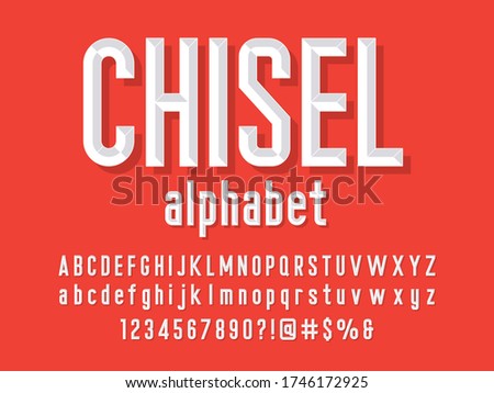 Chisel style alphabet design with uppercase, lowercase, number and symbols