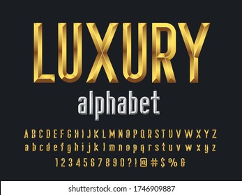 Chisel style golden alphabet design with uppercase, lowercase, number and symbols