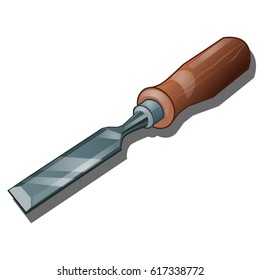 Chisel with wooden handle isolated on white background. Vector cartoon close-up illustration.