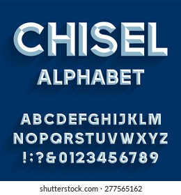 Chiseled Alphabet Vector Font. Type letters, numbers and punctuation marks.
Chiseled block letters on the blue background.