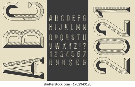 Chiseled. Block letters with different textured. Vector of modern bold font and alphabet. Vintage Alphabet vector 80's, 90's Old style graphic set. Type retro letters, numbers.