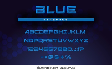 Chiseled Font With Beveled Alphabet Letters And Numbers Vector Design Of Digital, Tech And Futuristic Typeface. Blue Embossed Type Of Uppercase Characters, Digits And Punctuation Marks With Facets