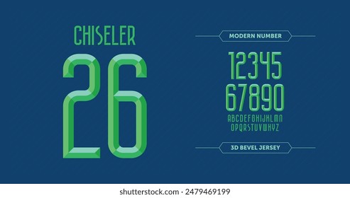 Chiseled Green Alphabet Vector Font. Featuring type letters A-Z and numbers 0-9. Chiseled block letters on a navy blue background.