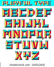 Chiseled vector character set, playful and colorful alphabet sans-serif font. Block letters of the alphabet, typeface, typography