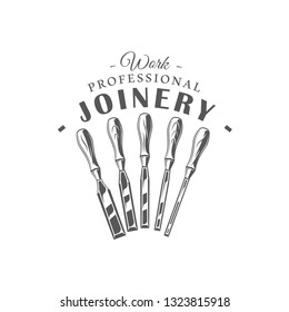 Chisels. Modern carpentry label isolated on white background. Vector illustration