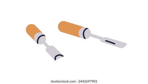 Chisels, woodwork tool. Carpentry, joinery instrument for planing, carving. Manual carver, planer. Wood cutting, processing equipment. Flat graphic vector illustration isolated on white background